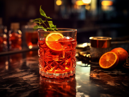 Cocktail with orange and ice on a bar counter in a nightclubの素材