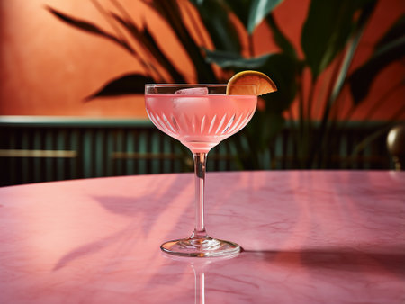 Pink cocktail in a martini glass with a slice of orange on a pink backgroundの素材