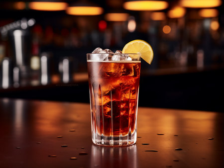 cocktail in the bar with ice cubes and a slice of lemonの素材
