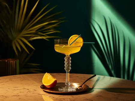 Cocktail in a glass on a table with a green backgroundの素材