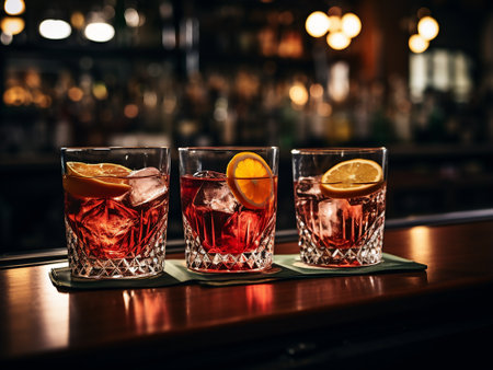 Cocktails in glasses on the bar counter in a pub.の素材