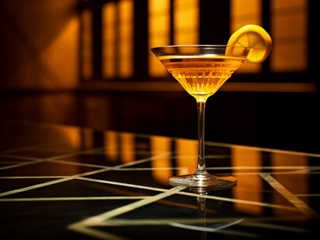 Martini cocktail with a slice of lemon in a glass on a dark backgroundの素材