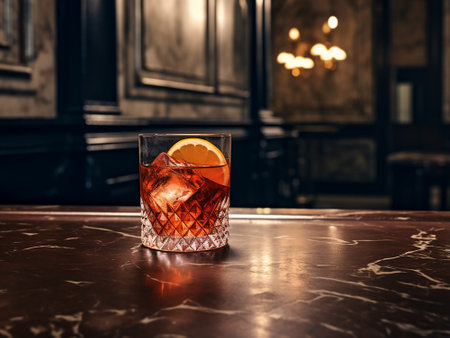 Alcoholic cocktail on the bar counter with a slice of orangeの写真素材