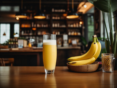 Banana juice in a glass on a wooden table in a cafeの素材