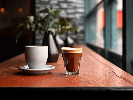 Coffee cup on the table in coffee shop. Coffee break concept