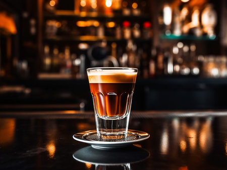 Coffee in a shot glass on a bar counter in a pub