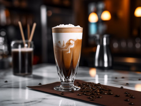 Coffee latte macchiato in a tall glass on the bar counter