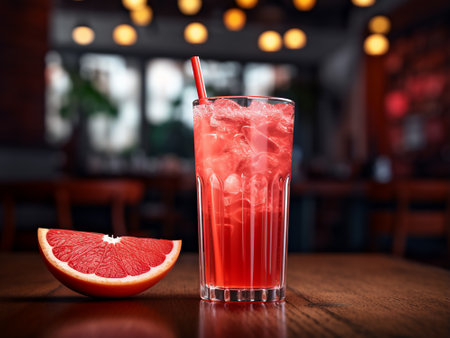 Grapefruit juice with ice in a glass on a wooden tableの素材
