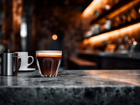 Cup of coffee on the bar counter in a pub or restaurantの写真素材