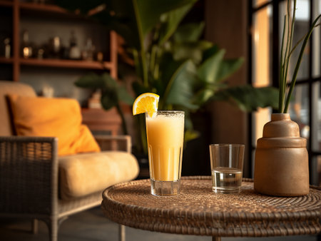 A glass of orange juice and a slice of orange on a table in a cafeの素材
