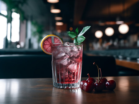 Cocktail with cherry, ice and mint on the table.の素材