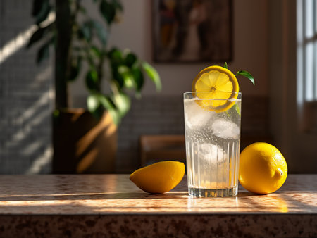 Glass of lemonade with ice cubes and fresh lemons on table in cafeの写真素材
