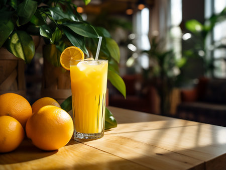 Orange juice in a glass on a wooden table in a cafe.の写真素材