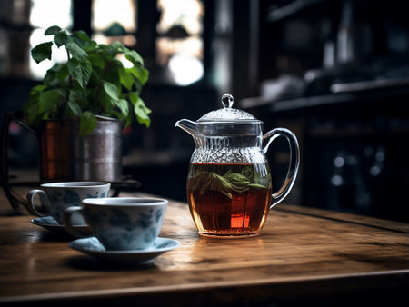 tea in a glass teapot on a wooden table in a cafeの写真素材