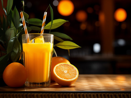 Glass of fresh orange juice with straws and oranges on wooden tableの写真素材