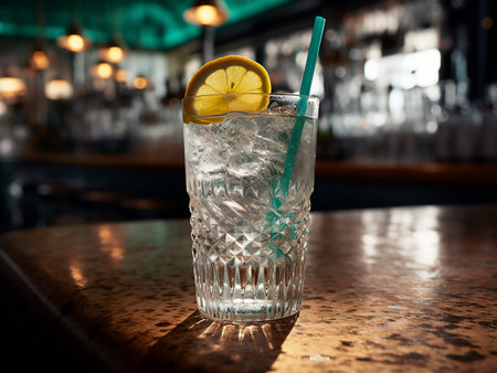 Alcoholic cocktail drink with lemon on bar counter in pub.