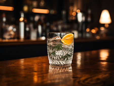 Cocktail with lemon and ice on a wooden table in a barの写真素材