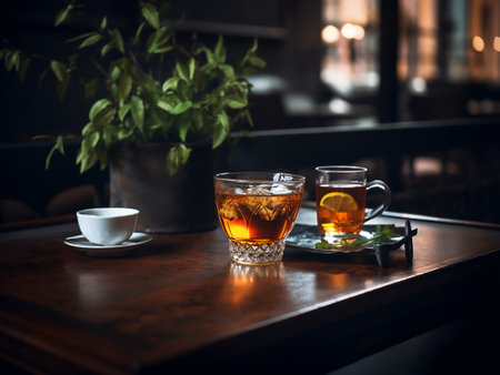 Cup of tea on a wooden table in a cozy cafe.の写真素材