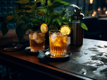Two glasses of whiskey with ice cubes and lemon on a wooden tableの素材