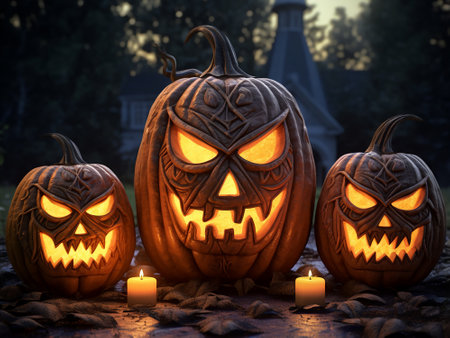 Halloween pumpkins with candles on dark background. Halloween concept.の写真素材