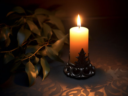 Burning candle in a black candlestick on a dark backgroundの写真素材