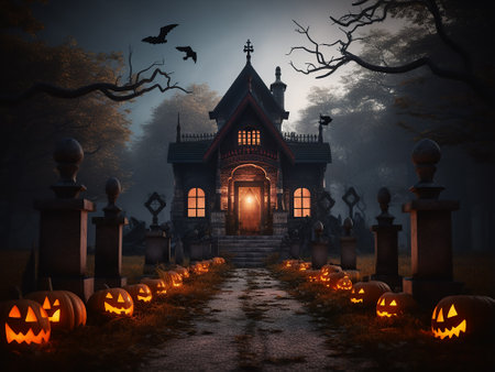Halloween background with haunted house and pumpkins, 3d renderの写真素材