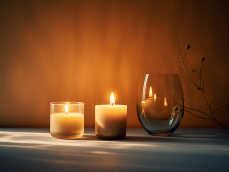 Candles in a glass and a vase on a wooden backgroundの写真素材