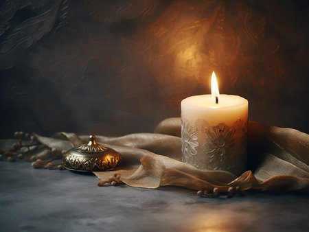 Burning candle on a dark background. The concept of aromatherapy.の写真素材
