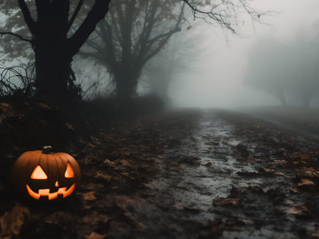 Halloween pumpkin in foggy forest. Scary spooky halloween backgroundの写真素材