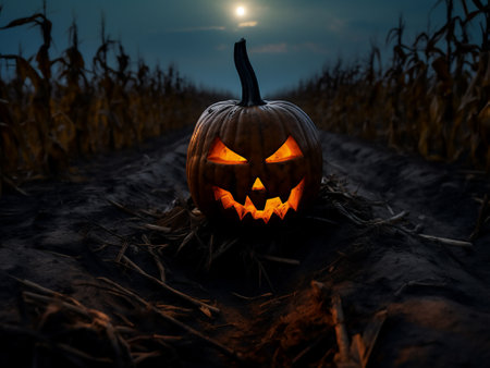 Halloween pumpkin in corn field at night. 3D rendering.の写真素材