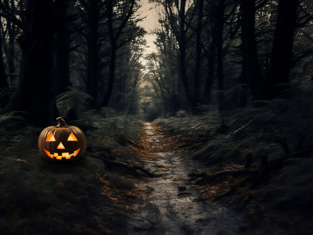 Halloween pumpkin in the dark forest. 3D illustration. Halloween concept.の写真素材