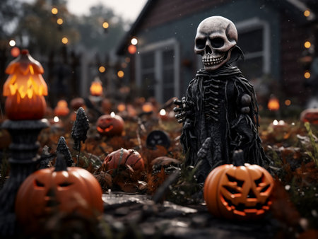 Halloween holiday background with pumpkins, skull and candles in the cemeteryの写真素材