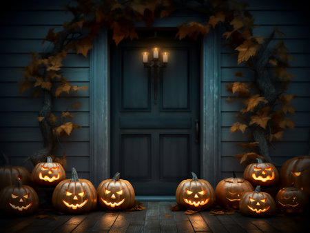 Halloween pumpkins in front of the door, 3d renderの写真素材
