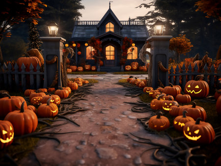 Halloween background with pumpkins and witch house. 3d renderの写真素材