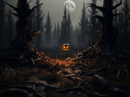 Scary halloween pumpkin in the forest at night. 3d renderingの写真素材