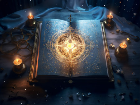 Mystical book with astrological symbols on dark background.の写真素材