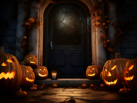 Halloween pumpkins in front of a door. 3D renderingの写真素材