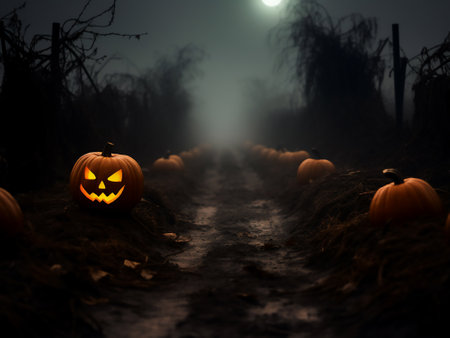 Halloween pumpkins in the forest at night. Spooky Halloween backgroundの写真素材