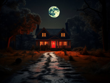 Halloween background with haunted house and full moon. 3D renderingの写真素材