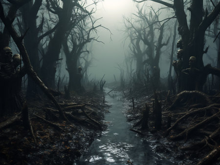 Creepy spooky forest with fog and fog. Halloween conceptの写真素材