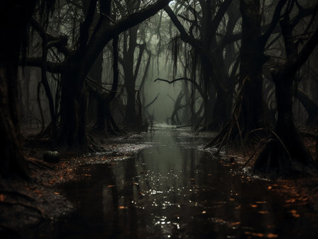 Dark forest with fog and reflections on the water. Halloween concept.の写真素材