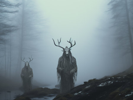 Deer in a misty forest, 3d digitally rendered illustrationの写真素材