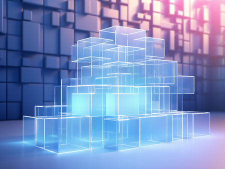 Abstract blue background with glowing cubes. 3d rendering, 3d illustration.