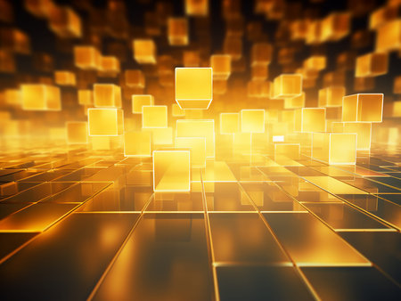 Abstract technology background with squares. 3d illustration. Yellow toned