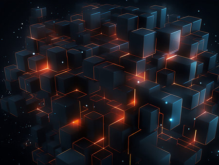 Abstract technology background, 3d render, square cubes with glowing lines