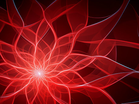 Abstract red fractal flower on dark background. Fantasy fractal texture. Digital art. 3D rendering.の写真素材