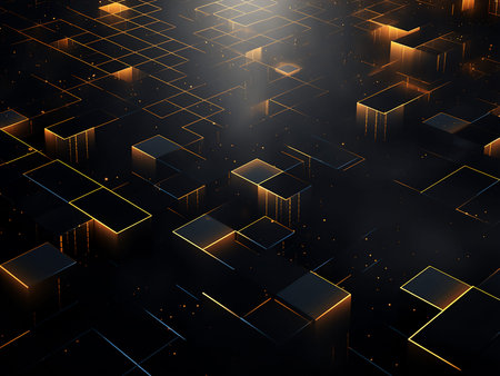 Abstract technology background with glowing lines and cubes. 3d illustration.