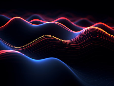 abstract background with glowing wavy lines in blue and red colorsの写真素材