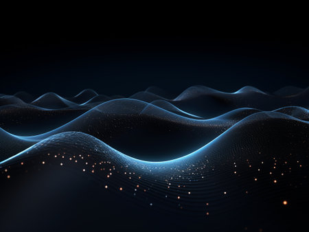 3d rendering of abstract digital background with flowing particles in dark spaceの写真素材