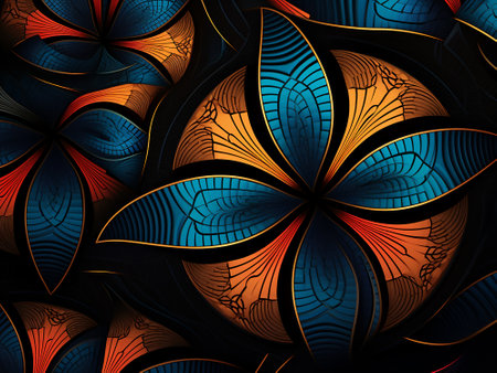 Symmetrical fractal pattern in stained-glass window style. Computer generated graphics.の写真素材